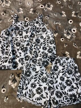 Rachel Zoe White and Black Floral Two-Piece Set with Gold Accents